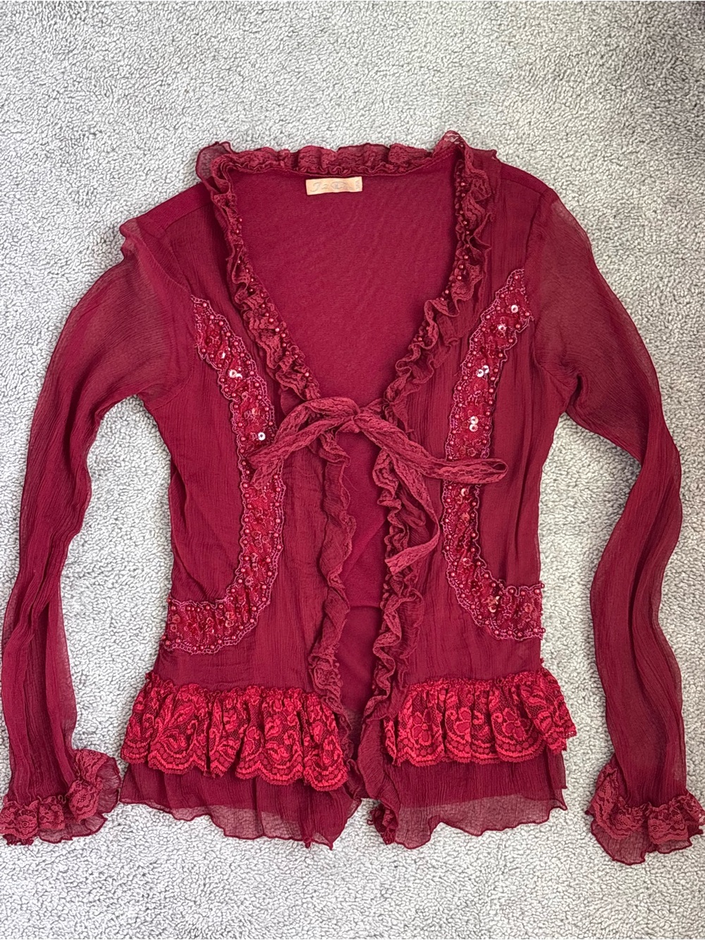Vintage J2D 75% Silk Burgundy Beaded Ruffle Tie Front Blouse Fairycore Y2K S - Picture 8 of 11